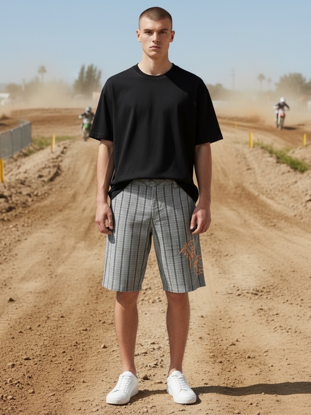 Fox Plaid Shorts Embroidered Design Cotton/Polyester Blend Men’s 36